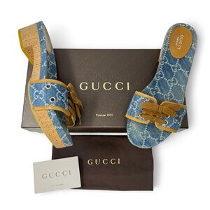 Gucci Vintage 90s Y2K Interlocking GG Logo Sandals Slides Heels Denim Blue 38 8